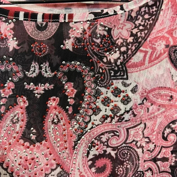 Avenue Blouse Size 14/16 Rhinestone Studded Flared Sleeves Layered Paisley Top - Picture 6 of 8